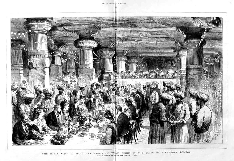 The Prince of Wales Dining in the Caves of Elephanta, Bombay, from a sketch by one of our special artists, from The Graphic, 1875