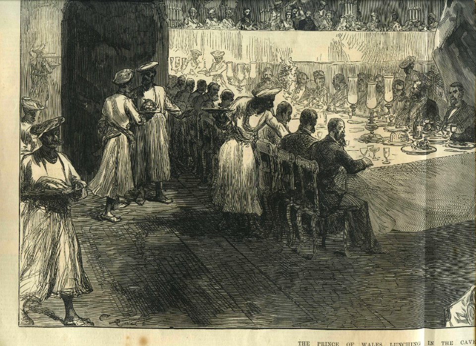 The Prince of Wales Lunching in the Caves of Elephanta, from a sketch by one of our special artists, from the Illustrated London News, 1875 lower left