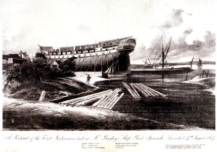 'A Portrait of the East Indiaman ('Orwell'), built at Mr Bayley's Ship-Yard, Ipswich. Launched 17th August, 1817' RMG PU6398