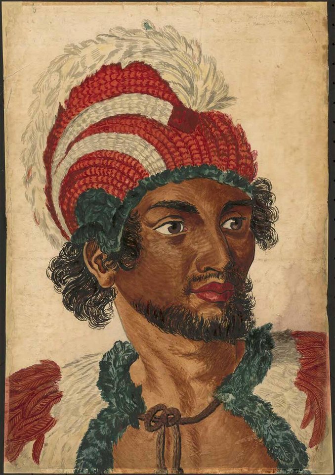 'A Man of the Sandwich Islands with His Helmet' (unknown artist, c. 1830)