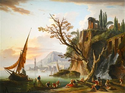 'A Coastal Landscape at Sunset, with Fishermen Mooring Their Boats' by Charles-François Grenier de Lacroix, 1750