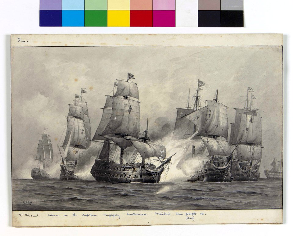 '(Battle of Cape) St Vincent. Nelson in the Captain engaging Santissima Trinidad, San Josef etc' RMG PT0838