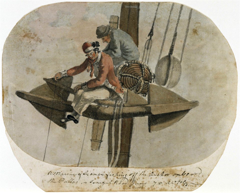 'A Marine and Seaman fishing off the Anchor on board the Pallas in Senegal Road, Jany 75' (Bray album) RMG PT2013
