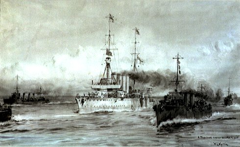 'A Torpedoed cruiser escorted to port'- HMS 'Dublin' in the Adriatic, June 1915 RMG PW2080