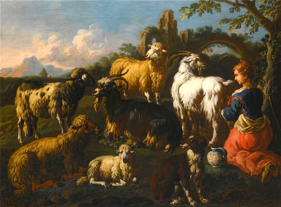 'A Shepherdess with Her Flock beside a Ruined Arch' by Jakob Roos