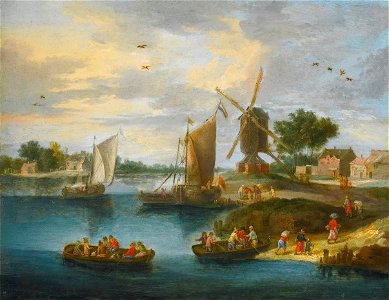 'A River Landscape with a Windmill' by Jan van Kessel the Elders. Free illustration for personal and commercial use.