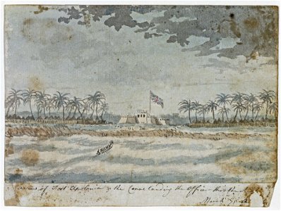 'A View of Fort Apolonia (Appollonia) and the canoe landing the officer thro' the Surf, March 75' (Bray album) RMG PT2020