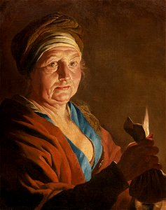 'An Old Woman Holding a Purse by Candlelight' by Matthias Stomer. Free illustration for personal and commercial use.