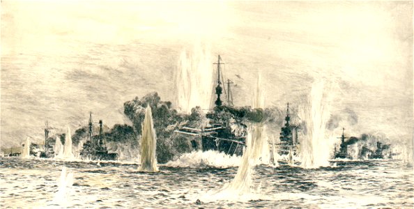 'Admiral Beatty's Battle Cruisers at Jutland'; with HMS 'Lion' leading, 31 May 1916, about 19.20 RMG PW2246