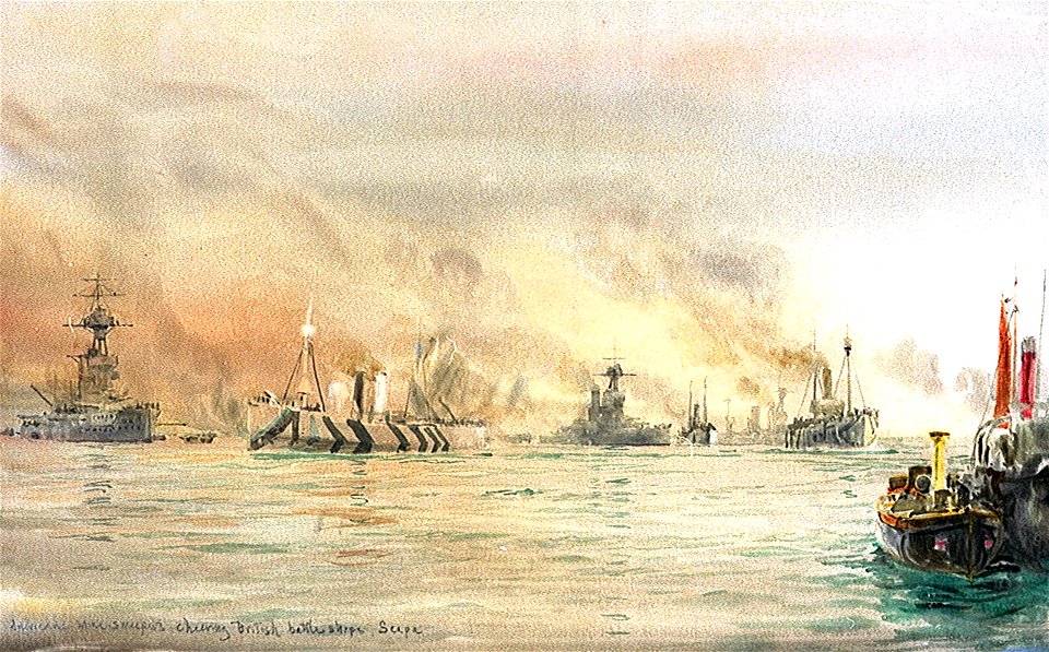 'American Minesweepers cheering British battleships. (at) Scapa', 1918 RMG PW0911