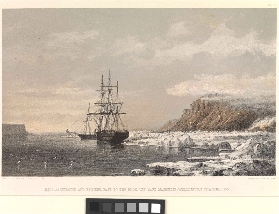 'Assistance' and 'Pioneer' fast to the Floe, off Cape Majendie, Wellington Channel, 1853 Plate V RMG PW8118