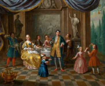 'An Interior Scene with Figures Seated at a Table Eating Oysters and Children Playing and Blowing Bubbles' by Balthazar Beschey