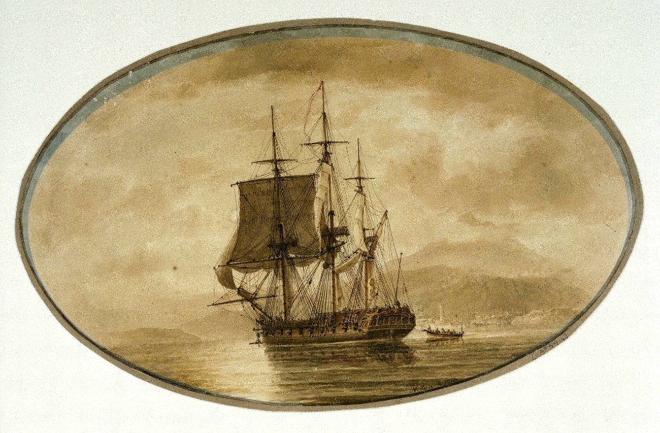 'Britannia' getting underway; illustration to Falconer's 'The Shipwreck' (1811 ed., f.p.xlvi) RMG PW5914