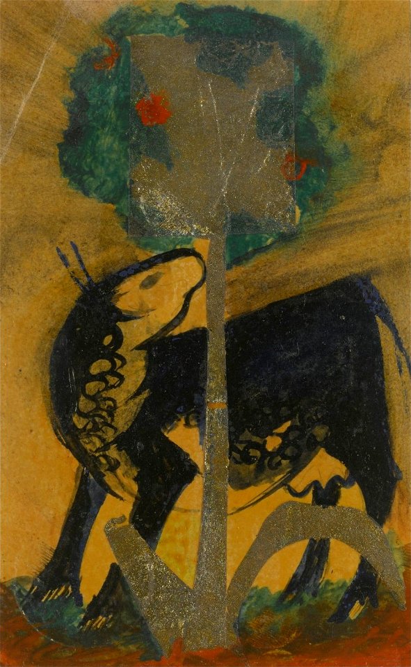 'Black Cow behind Tree' by Franz Marc, tempera and gold leaf 