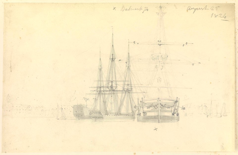 'Bulwark' and other vessels at anchor in Portsmouth Harbour, 1824 RMG PZ0905