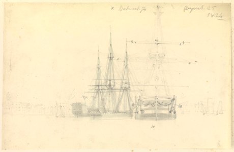 'Bulwark' and other vessels at anchor in Portsmouth Harbour, 1824 RMG PZ0905