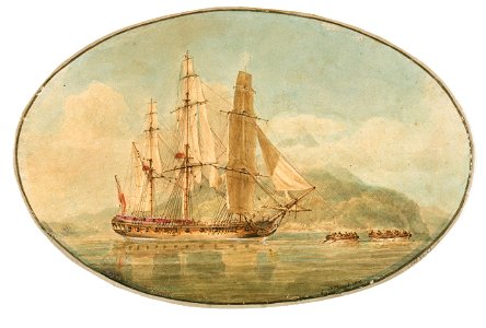 'Britannia' being towed off the coast of Candia (Crete); illustration to Falconer's 'The Shipwreck' (1811 ed., p. 9) RMG PW5915