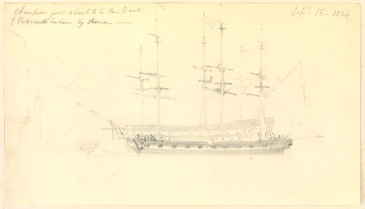 'Champion' just about to be towed out of Portsmouth Harbour by steamer, 1824 RMG PZ0908