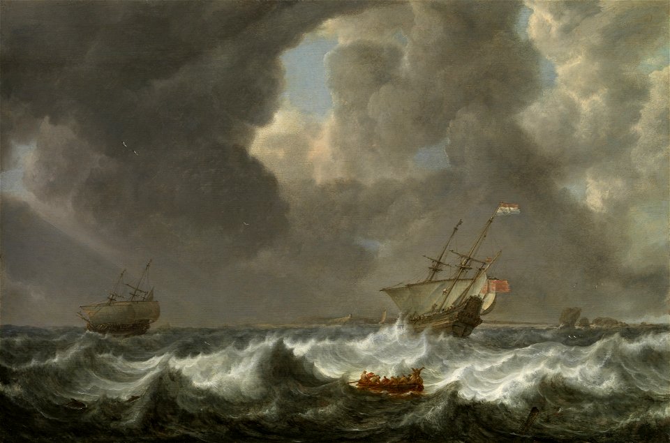 'Dutch Merchantmen in Rough Seas off a Rocky Coast' by Simon de Vlieger