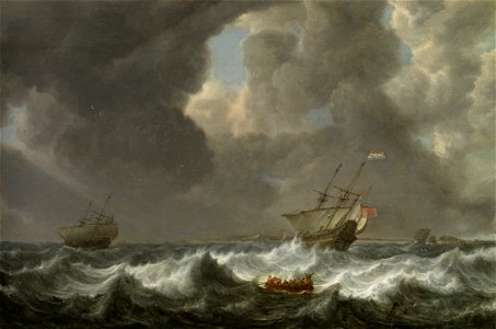 'Dutch Merchantmen in Rough Seas off a Rocky Coast' by Simon de Vlieger