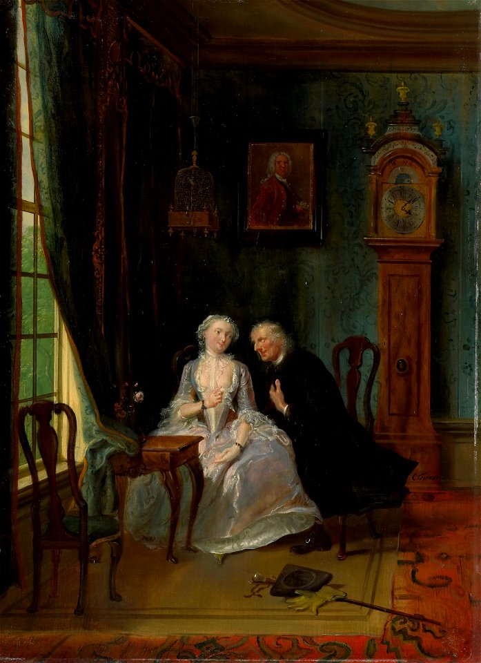 'De wanhebbelijke liefde', misschien de scène van de weduwnaar Joost bij Lucia, 2de toneel uit het gelijknamige stuk van C J van der Lijn Rijksmuseum SK-A-4099