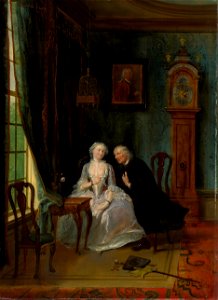 'De wanhebbelijke liefde', misschien de scène van de weduwnaar Joost bij Lucia, 2de toneel uit het gelijknamige stuk van C J van der Lijn Rijksmuseum SK-A-4099