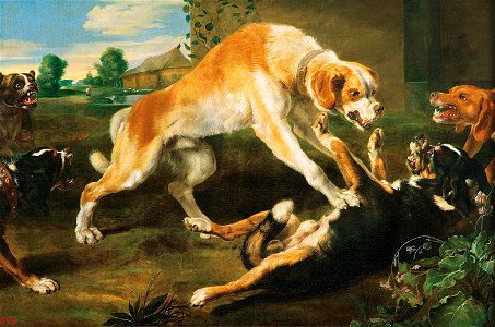 'Dogs Fighting' by Pauwel de Vos, The Hermitage. Free illustration for personal and commercial use.