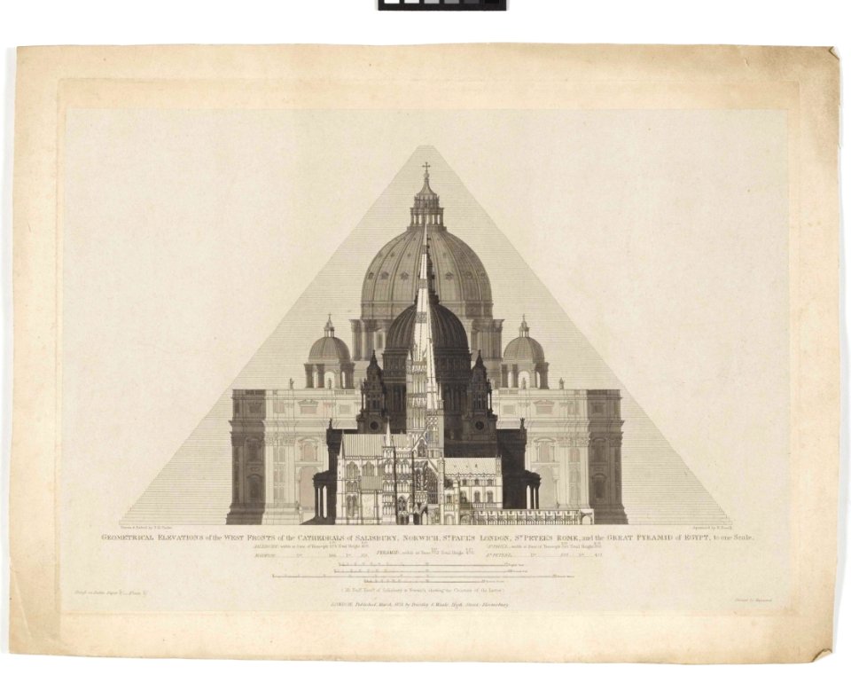 'Geometrical Elevations ( - ) of the Cathedrals of Salisbury, Norwich, St Paul's London, St Peter's Rome, and the Great Pyramid of Egypt, to one scale.' RMG PY6085