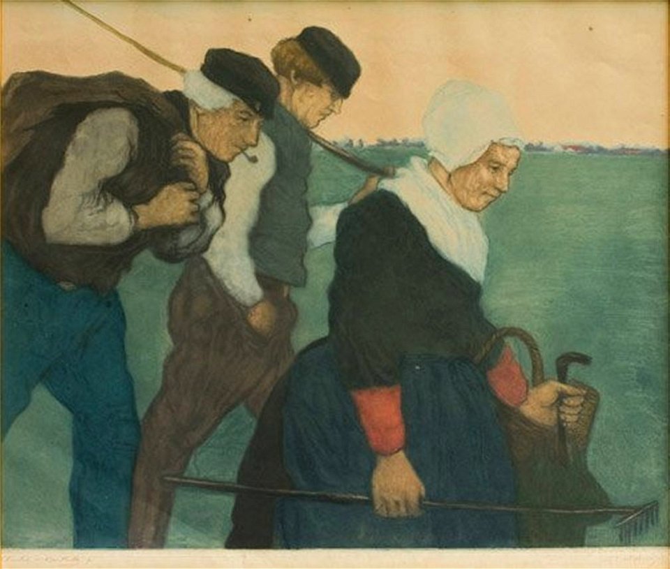 'Farming family', c. 1910, hand-embellished aquatint by Charles Bartlett