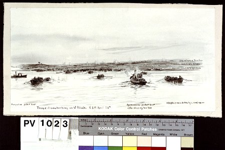 'Gallipoli- Troops Disembarking on W Beach at Gallipoli, 6 a.m. April 26th 1915' (sic- but correctly 25 April, in the Dardanelles campaign) RMG PV1023