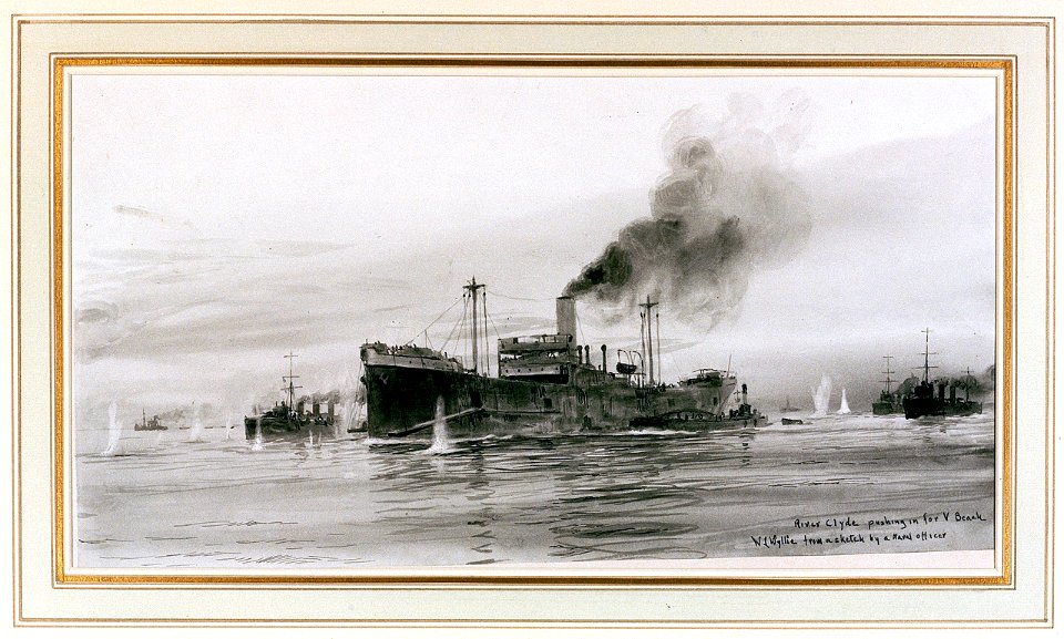 'Gallipoli- River Clyde Pushing in for V Beach', in the Dardanelles, 1915 RMG PW2078