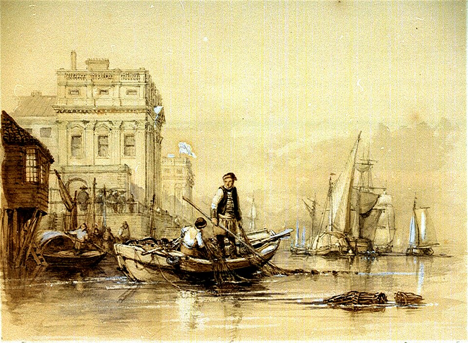 'Jack helping Freeman the fisherman' (off Greenwich Hospital). Original illustration for Marryat's 'Poor Jack' (1840) RMG PU8910