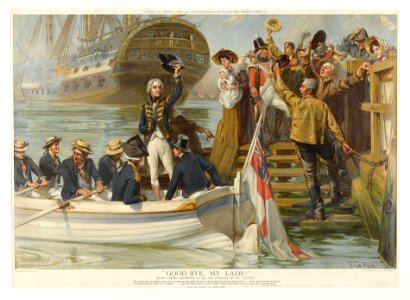 'Good-Bye My Lads!' Nelson leaving Portsmouth to sail for Trafalgar on the Victory. Supplement to Holly Leaves The Illustrated Sporting and Dramatic News Christmas Number, 1905 RMG PZ7651
