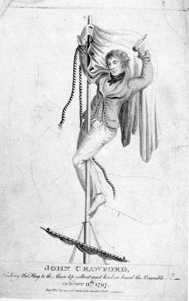 'John Crawford, Nailing the Flag to the Main top gallant mast head, on board the Venerable, October 11th 1797' RMG PU3446