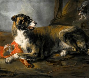 'Hound with a Joint of Meat and a Cat Looking on' by Jan Baptist Weenix