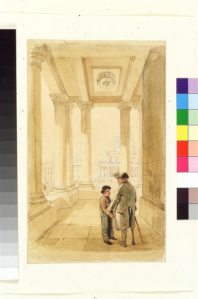 'Jack and his father under the Colonnade' (Greenwich Hospital). Original illustration to Marryat's 'Poor Jack' (1840) RMG PW6067