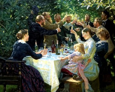 'Hip, Hip, Hurrah! Artist Festival at Skagen', by Peder Severin Krøyer (1888) Demisted with DXO PhotoLab Clearview; cropped away black border edge. Free illustration for personal and commercial use.