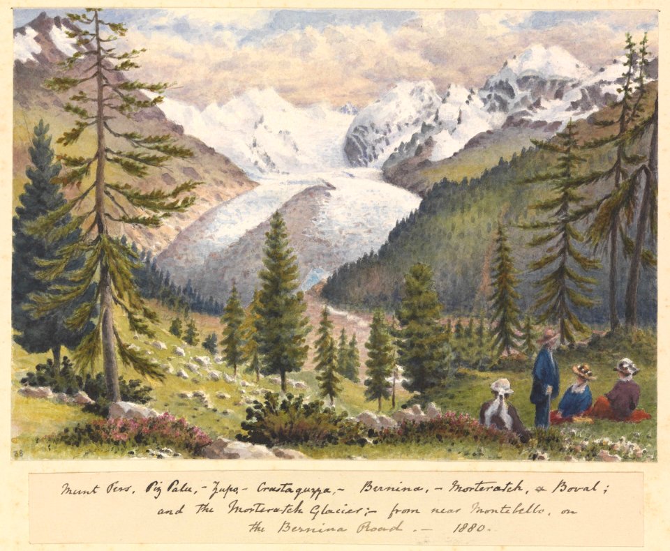 'Mount Pers, Piz Palu, Zupo, Crastaguzza, Bernina, Morteratch and Buval; and the Morteratch Glacier; from near Montebello on the Bernina Road, 1880' (Switzerland) RMG PZ4710