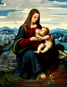 'Madonna and Child before a Landscape' by Marco d' Oggiono