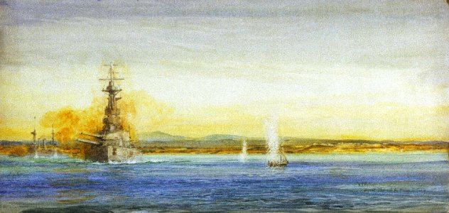 'Mount Ida and Plains of Troy'; with the battleship 'Queen Elizabeth' firing at Turkish positions in the Dardanelles, 1915 RMG PW0898
