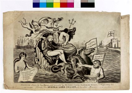 'Neptune drawn by Sea Horses, and preceded by Tritons bearing Emblematic Devices, Supporting his favorite Son Admiral Lord Nelson, in his Last Moments' RMG PZ5304