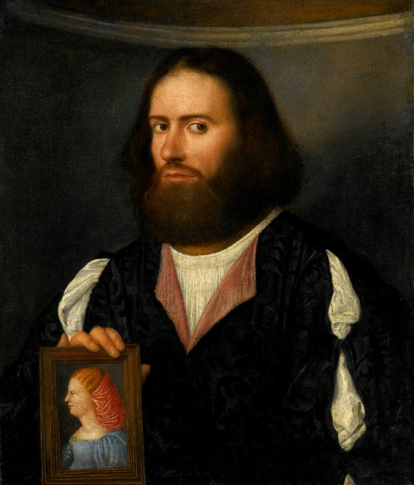 'Portrait of a Gentleman, Half Length, Holding a Portrait of a Lady' by Cariani