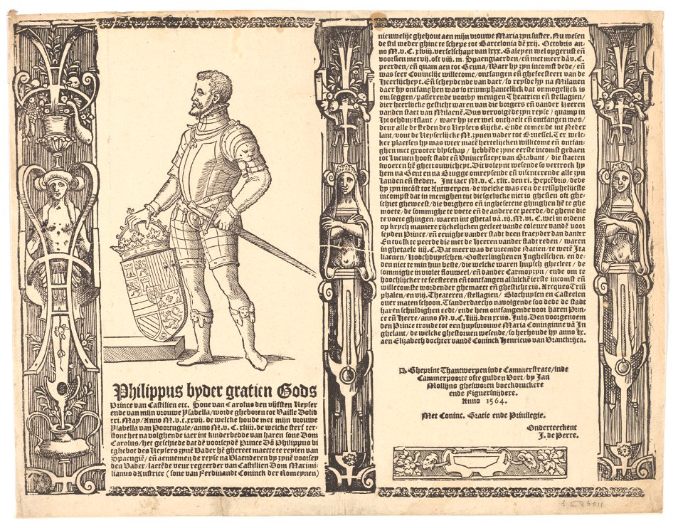 'Philippus byder gratien Gods Prince van Castilien etc...' Portrait of Philip II of Spain in armour, standing 1564 print published by Jan Mollyns, S.II 86011, Prints Department, Royal Library of Belgium