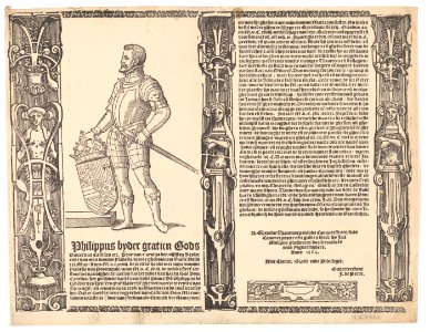 'Philippus byder gratien Gods Prince van Castilien etc...' Portrait of Philip II of Spain in armour, standing 1564 print published by Jan Mollyns, S.II 86011, Prints Department, Royal Library of Belgium