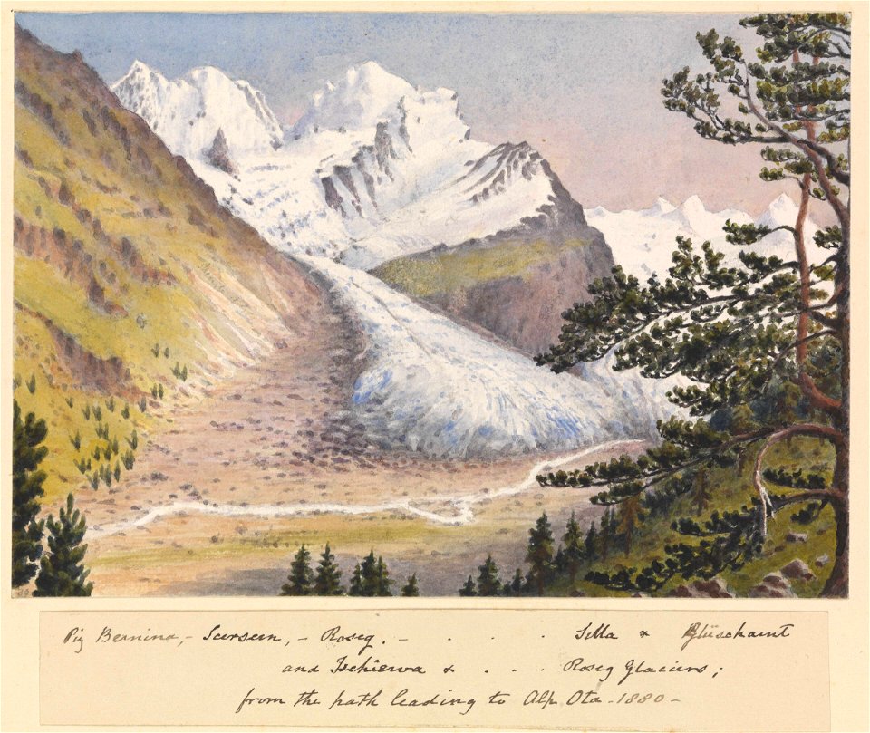 'Piz Bernina, Scerscen, Roseg - Sella and Gluschaint and Tschierva & - Roseg Glaciers from the path leading to Alp Ota, 1880' (Switzerland) RMG PZ4711