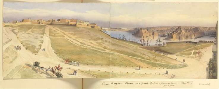 'Piazza Maggiore, Florian, and Grand Harbour, from our house, Malta, Jany 1858' RMG PZ4698