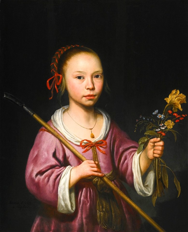 'Portrait of a Young Girl as a Shepherdess, Holding a Sprig of Flowers' by Aelbert Cuyp, 1655