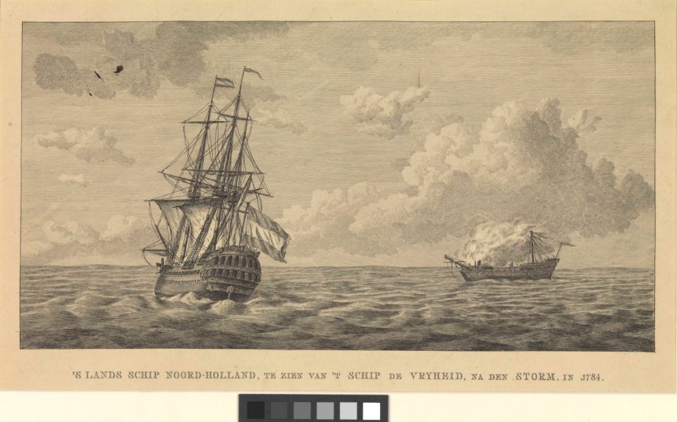 'S land schip Noord-Holland le zien van 't schip Vryheid, na den storm; in 1784 RMG PW7974