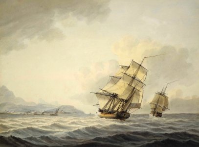 'Resolution' and 'Discovery' off the coast of Tahiti RMG D2537