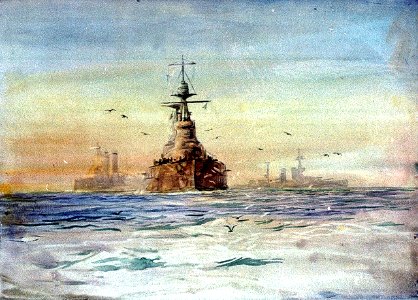 'Queen Elizabeth'-class battleships at sea, with seagulls RMG PU9931
